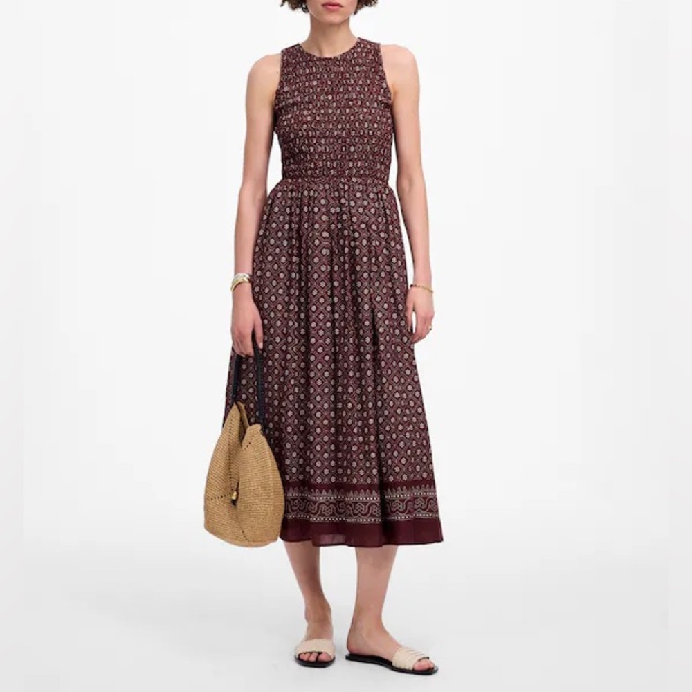 Madewell Burgundy Printed Smocked Midi Dress